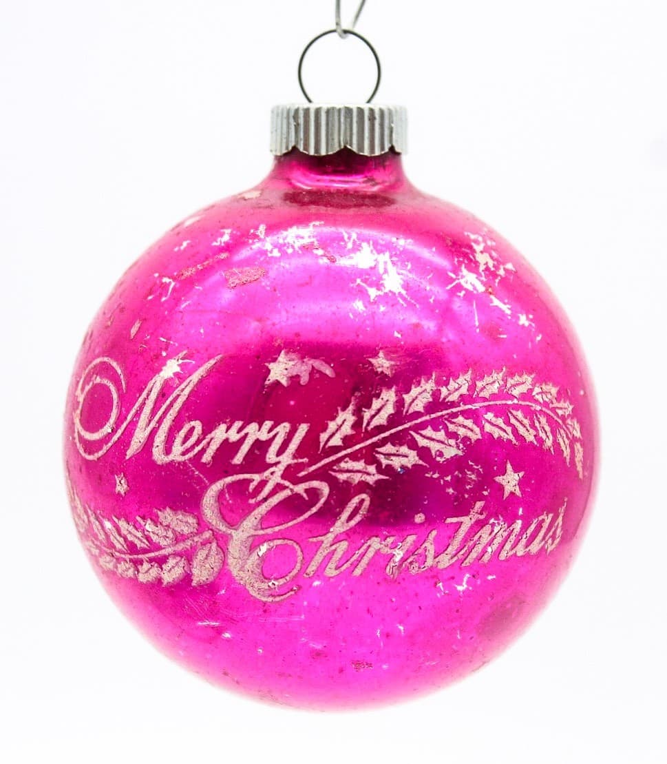 Shiny Brite U.S.A. Pink Vintage Merry Christmas Stencil Ball Glass Ornament 2.5" - Thumbnail 7