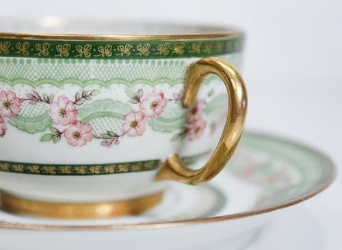 LIMOGES France J.P.L. Green & Gold Floral Porcelain Boullion Cup & Saucer - Thumbnail 3