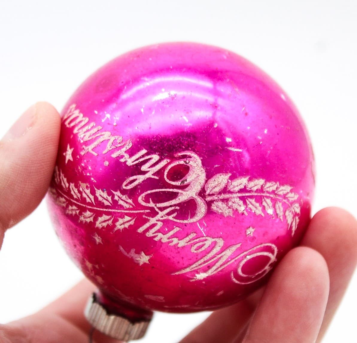 Shiny Brite U.S.A. Pink Vintage Merry Christmas Stencil Ball Glass Ornament 2.5" - Thumbnail 3