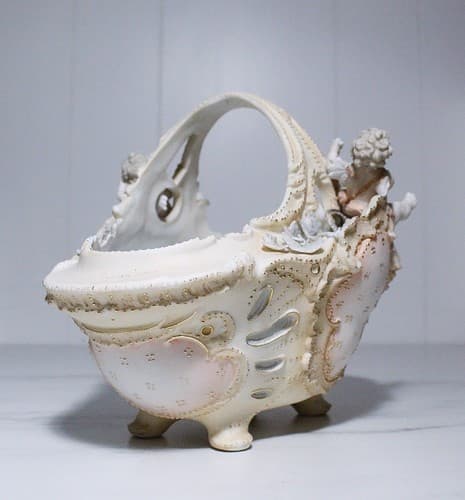 Antique Hand Painted Jeweled Bisque Hallmarked Cupid Basket Bowl - Thumbnail 5