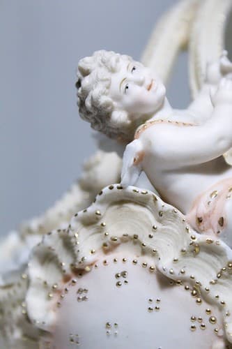 Antique Hand Painted Jeweled Bisque Hallmarked Cupid Basket Bowl - Thumbnail 4