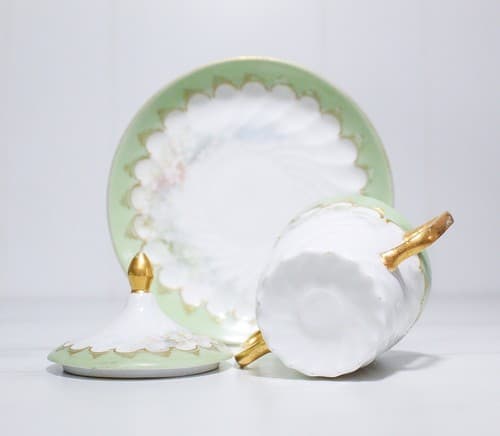 Antique Signed Porcelain Hand Painted Floral Gilt Covered Cup & Saucer - Thumbnail 9