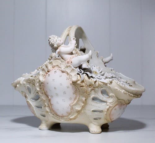 Antique Hand Painted Jeweled Bisque Hallmarked Cupid Basket Bowl - Thumbnail 10