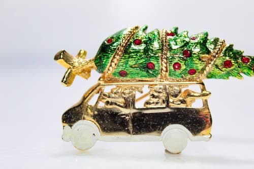 Vintage AJC Van With Christmas Tree Enamel Rhinestone Pin Brooch - Thumbnail 2