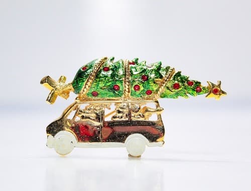 Vintage AJC Van With Christmas Tree Enamel Rhinestone Pin Brooch - Thumbnail 5