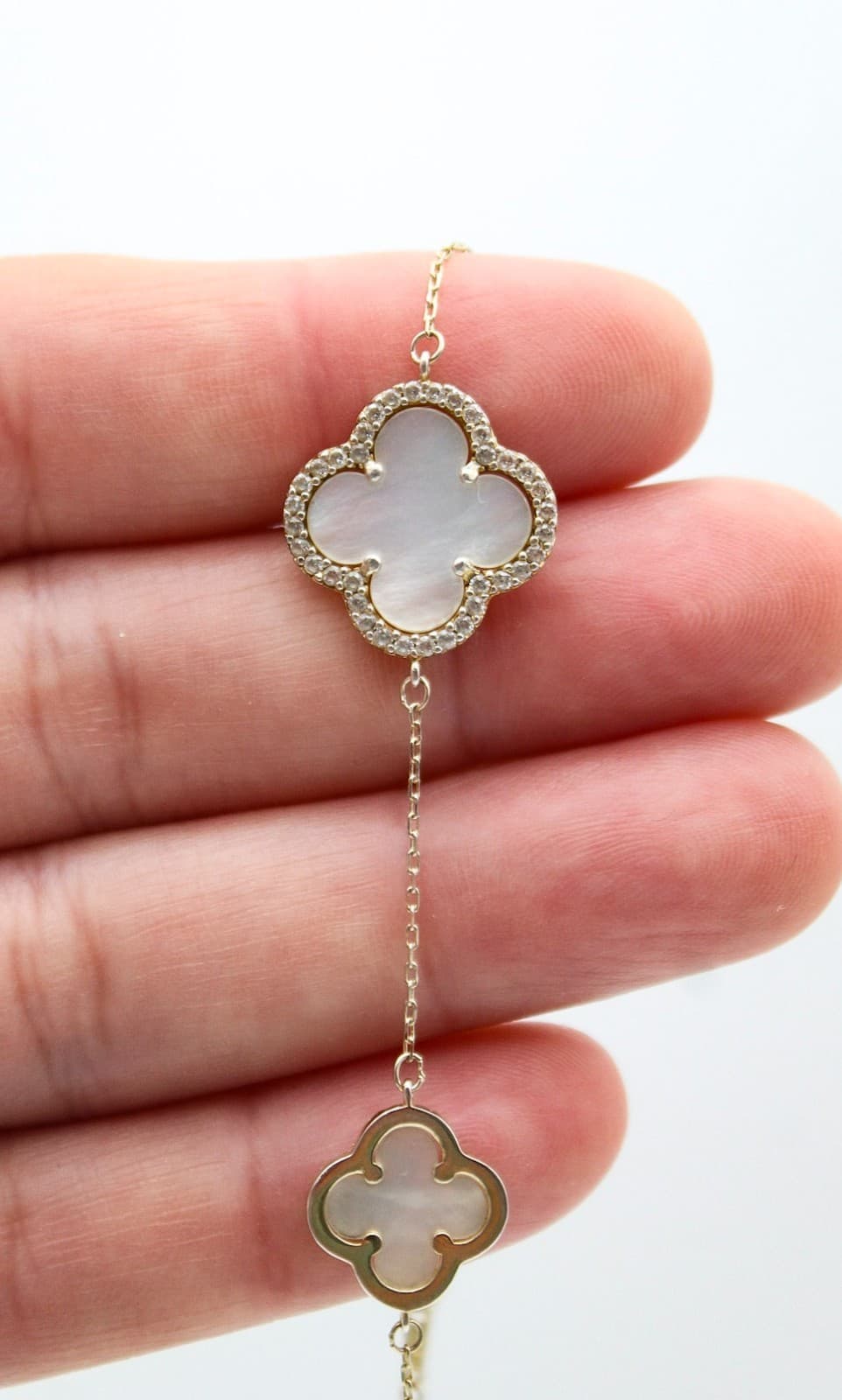 Icon White Mother Of Pearl Clover Sterling Silver Vermeil Crystal Bracelet 8" - Thumbnail 2