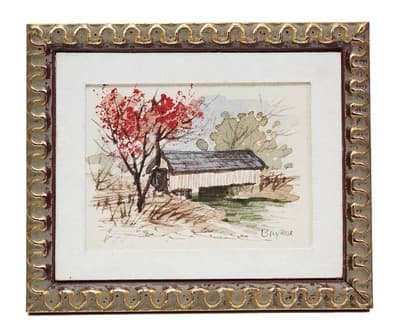 Dollhouse Miniature Hand Painted Signed Watercolor Covered Bridge Painting - Image 1