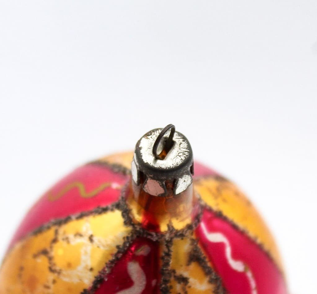 Poland Red Gold Striped Mica Teardrop Hand Painted Glass Christmas Ornament Vtg - Thumbnail 4