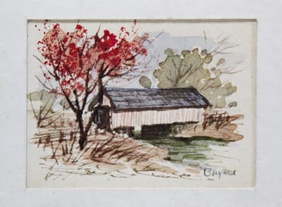 Dollhouse Miniature Hand Painted Signed Watercolor Covered Bridge Painting - Thumbnail 2