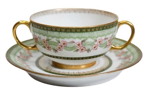 LIMOGES France J.P.L. Green & Gold Floral Porcelain Boullion Cup & Saucer - Image 1