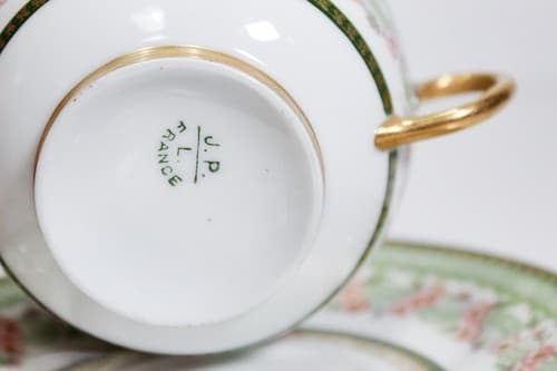LIMOGES France J.P.L. Green & Gold Floral Porcelain Boullion Cup & Saucer - Thumbnail 4