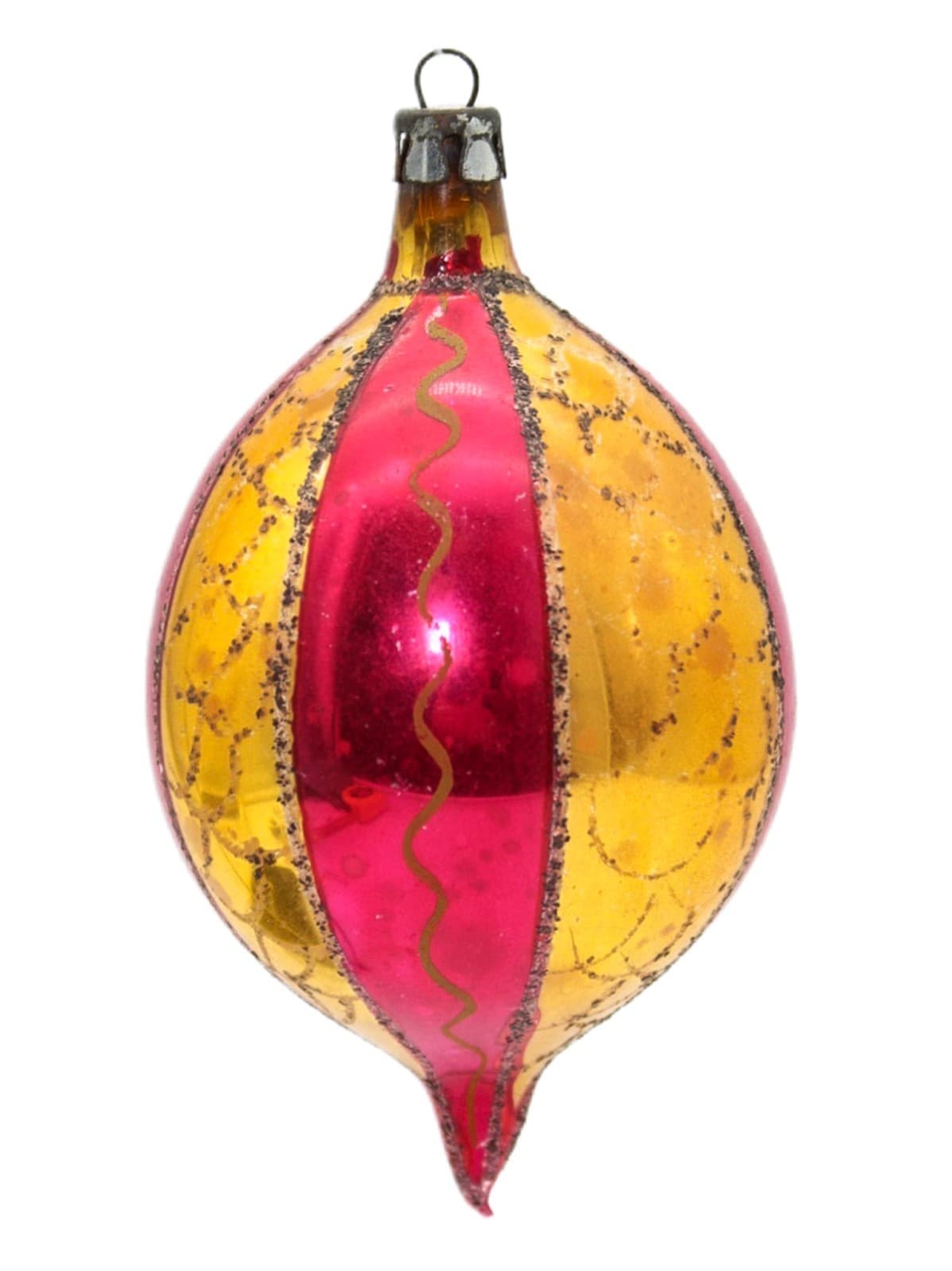 Poland Red Gold Striped Mica Teardrop Hand Painted Glass Christmas Ornament Vtg - Image 1