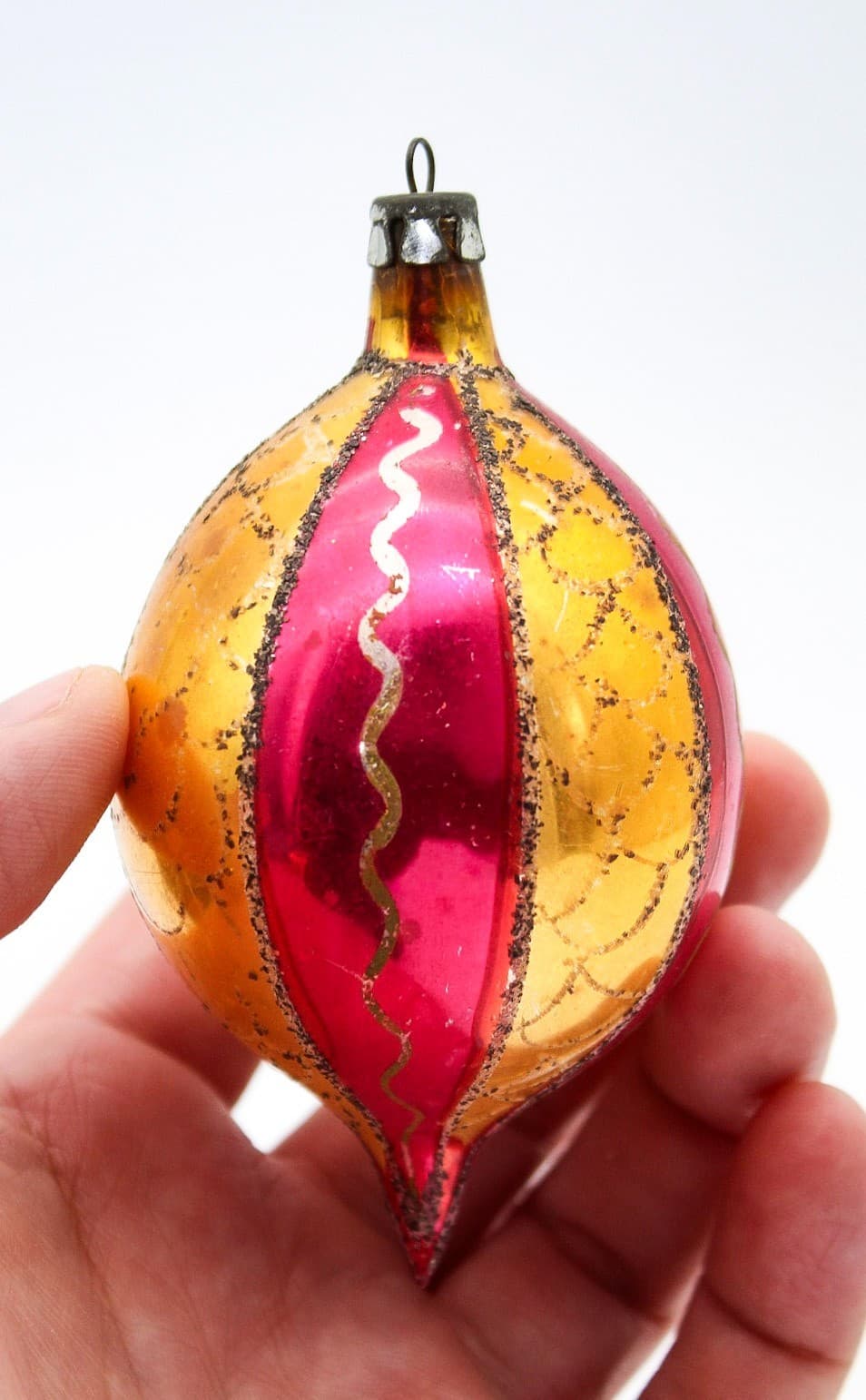 Poland Red Gold Striped Mica Teardrop Hand Painted Glass Christmas Ornament Vtg - Thumbnail 5