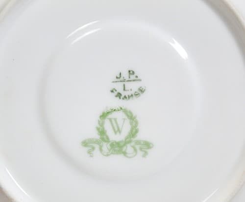 LIMOGES France J.P.L. Green & Gold Floral Porcelain Boullion Cup & Saucer - Thumbnail 6