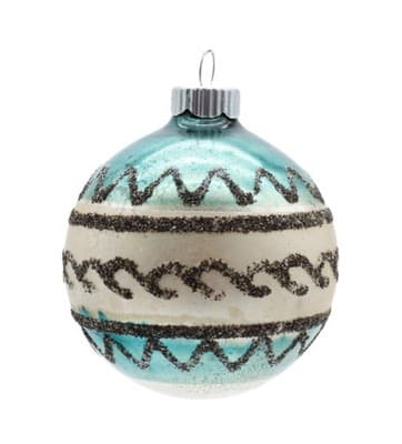 Shiny Brite Vintage Teal & Beige Black Mica Stripe Glass Christmas Ornament - Image 1
