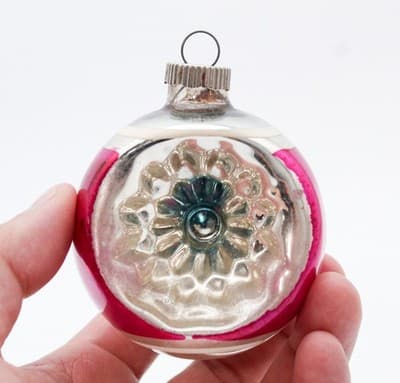 Shiny Brite Vintage Reflector Pink Silvered Striped Glass Christmas Ornament - Thumbnail 2