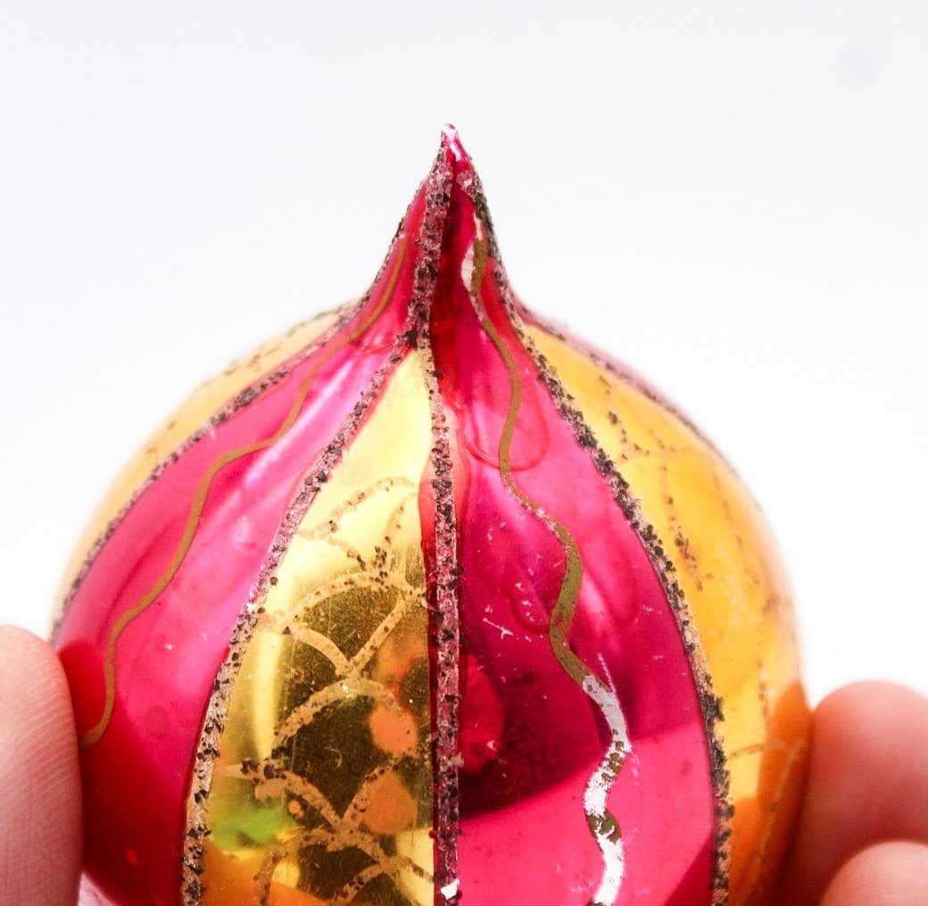 Poland Red Gold Striped Mica Teardrop Hand Painted Glass Christmas Ornament Vtg - Thumbnail 3