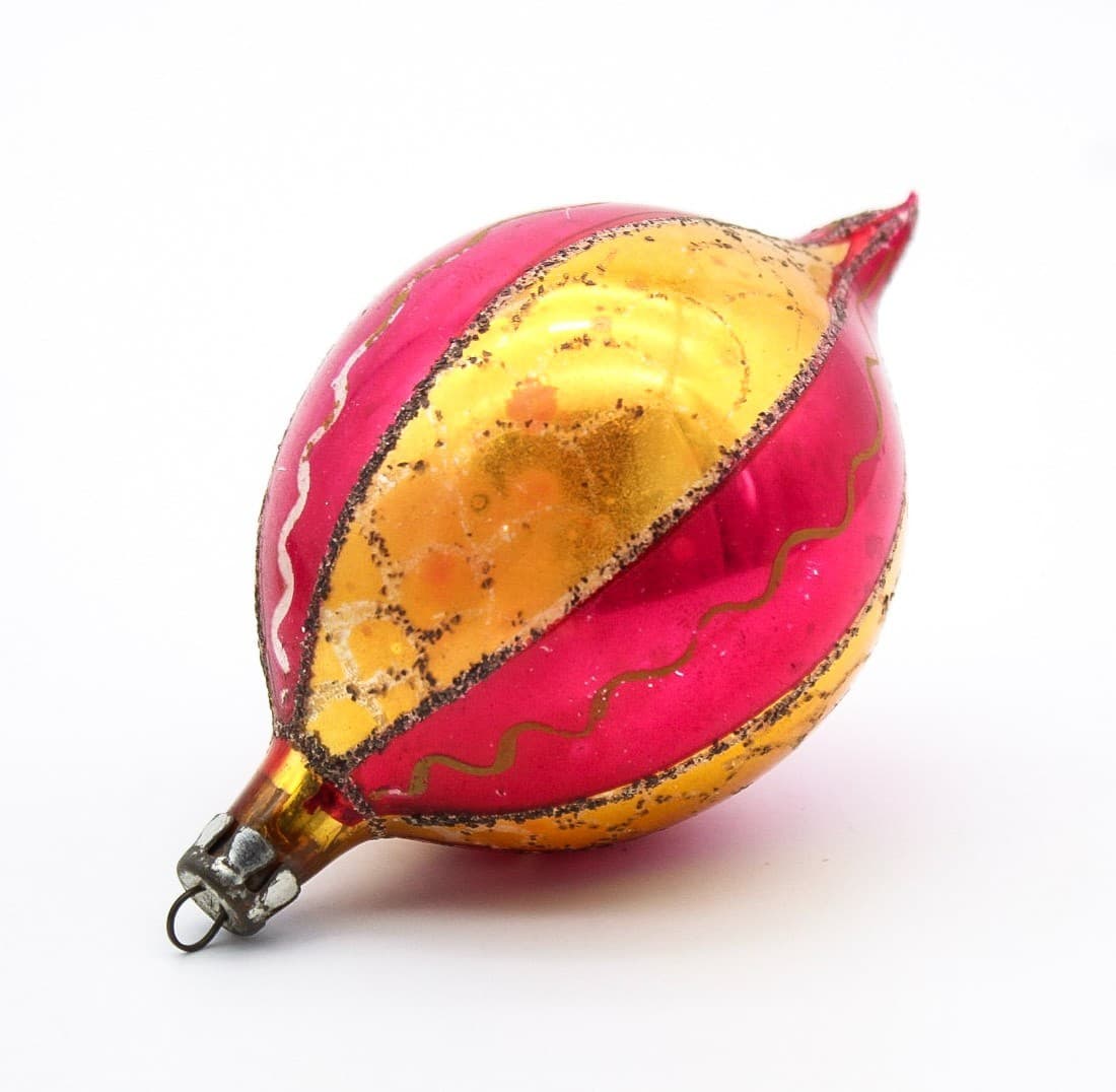 Poland Red Gold Striped Mica Teardrop Hand Painted Glass Christmas Ornament Vtg - Thumbnail 2