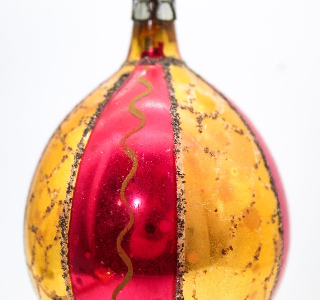 Poland Red Gold Striped Mica Teardrop Hand Painted Glass Christmas Ornament Vtg - Thumbnail 7