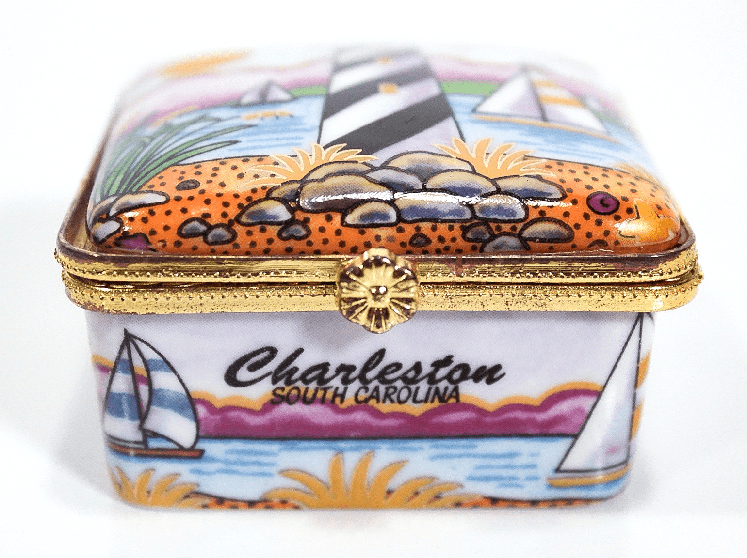 Vintage AGIFTCORP "Charleston" South Carolina Seascape Porcelain Trinket Box - Thumbnail 6