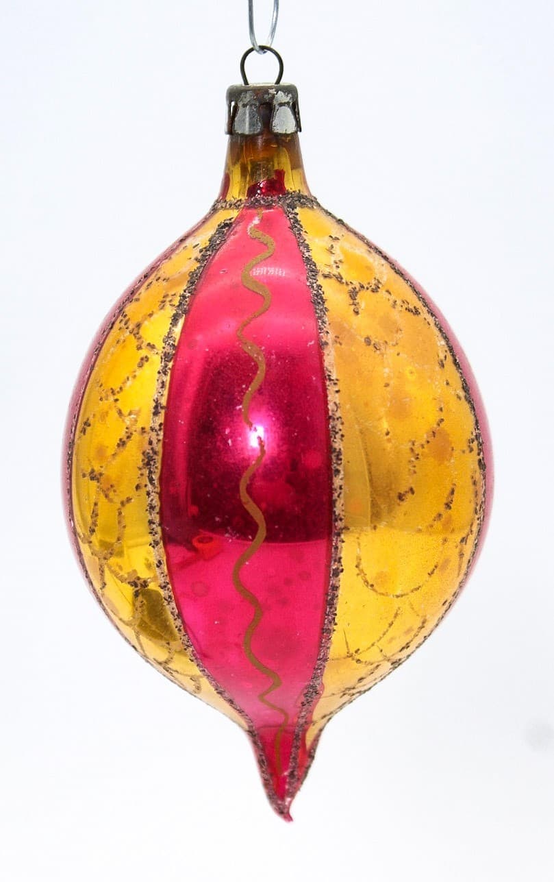 Poland Red Gold Striped Mica Teardrop Hand Painted Glass Christmas Ornament Vtg - Thumbnail 8
