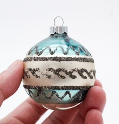 Shiny Brite Vintage Teal & Beige Black Mica Stripe Glass Christmas Ornament - Thumbnail 2