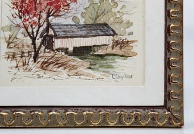 Dollhouse Miniature Hand Painted Signed Watercolor Covered Bridge Painting - Thumbnail 3
