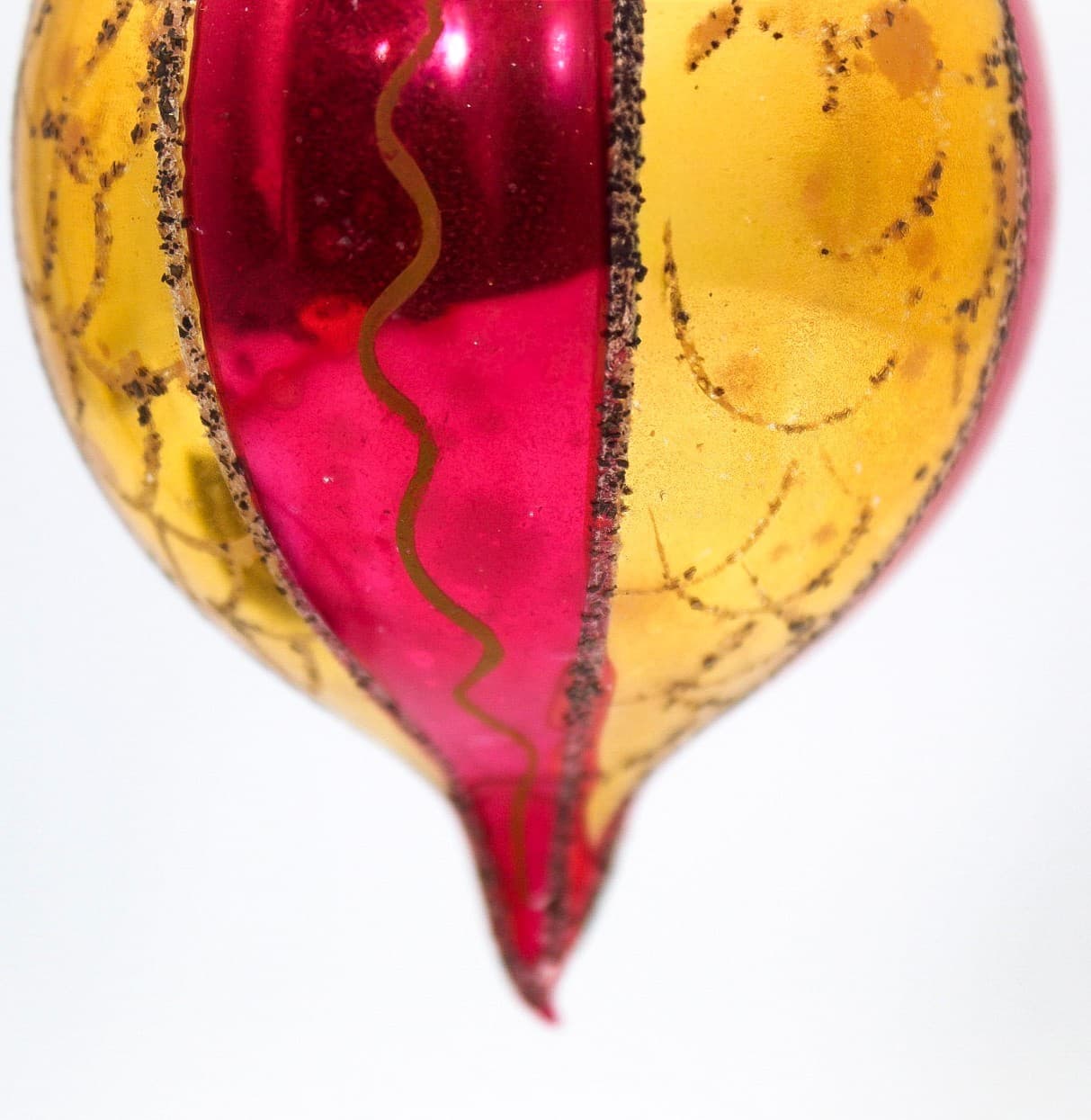Poland Red Gold Striped Mica Teardrop Hand Painted Glass Christmas Ornament Vtg - Thumbnail 6