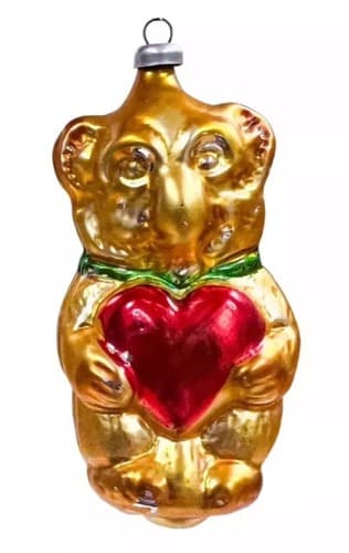 Vintage Figural Gold Teddy Bear w/ Heart West Germany Glass Ornament - Image 1