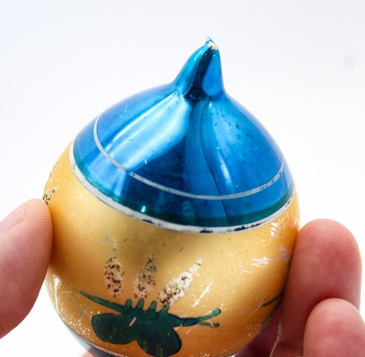 Poland Teardrop Blue Gold Hand Painted Butterfly Glass Christmas Ornament Vtg - Thumbnail 3
