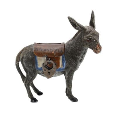 Antique Germany Cast Metal Cold Painted Donkey Mule Penny Bank Figurine - Image 1