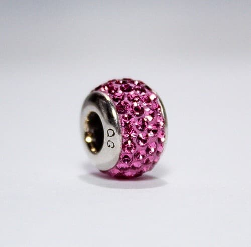 QG Sterling Silver 925 Pink Crystal Barrel Bead Charm For Bracelet - Thumbnail 4