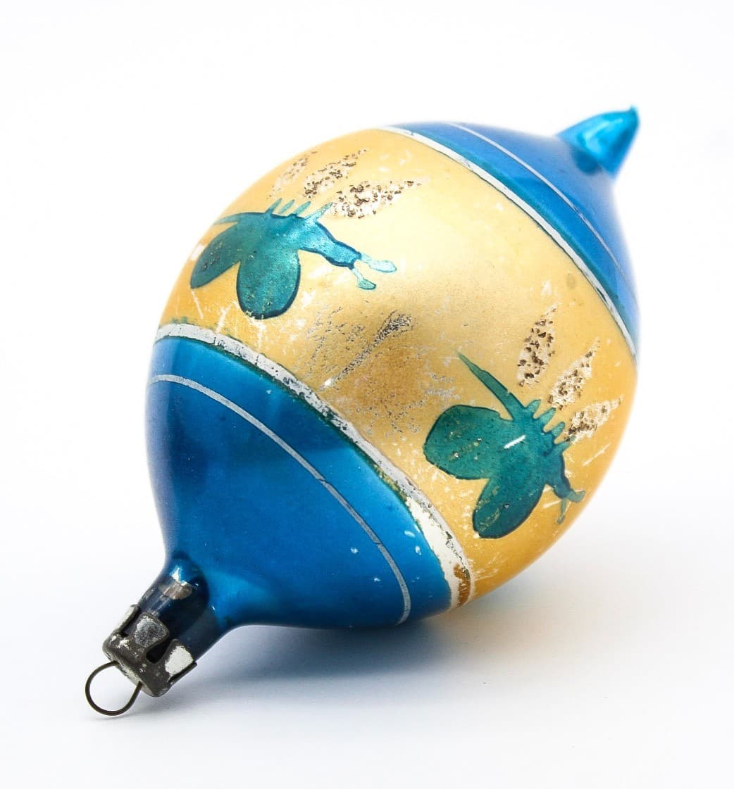Poland Teardrop Blue Gold Hand Painted Butterfly Glass Christmas Ornament Vtg - Thumbnail 2