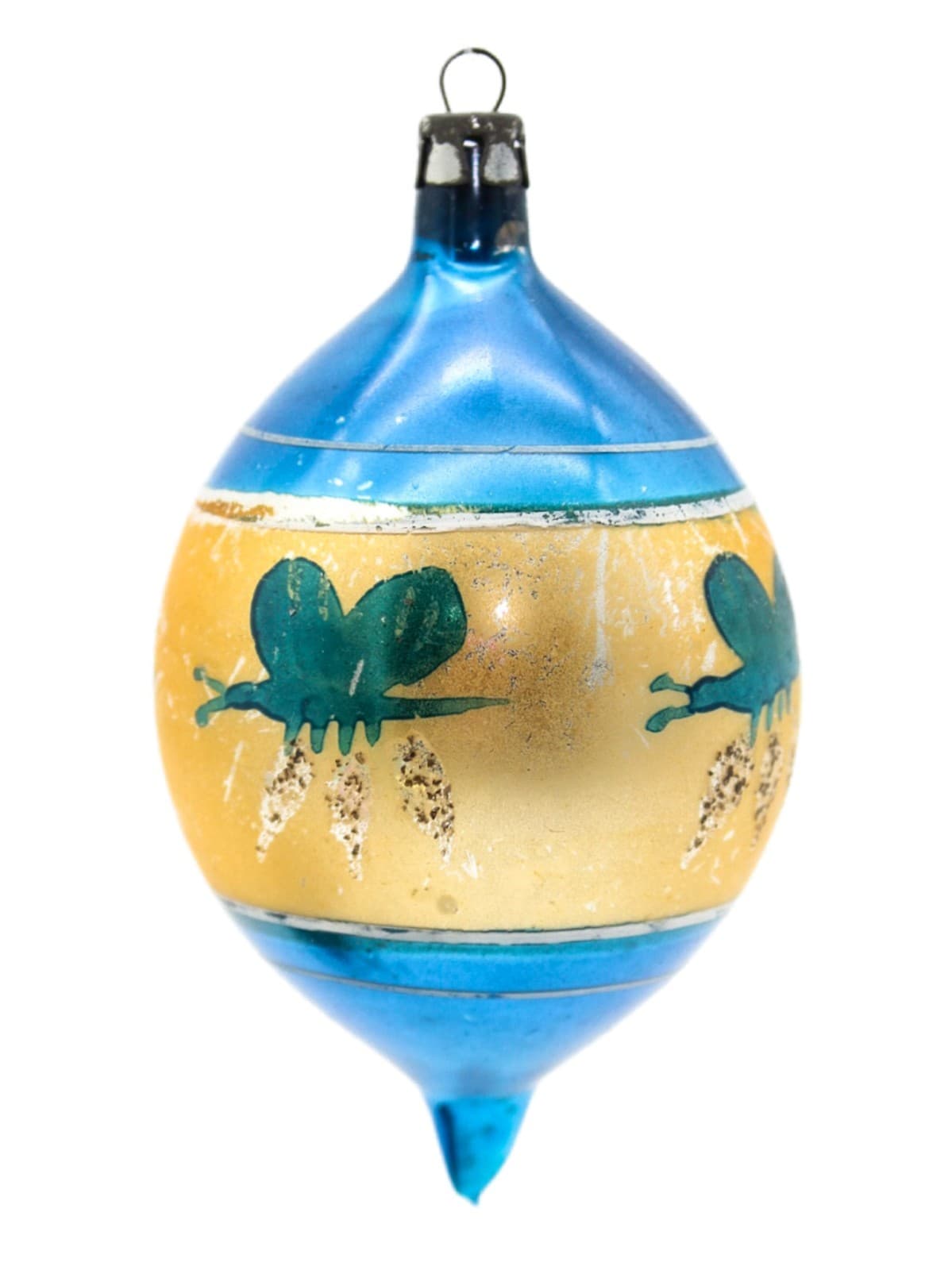 Poland Teardrop Blue Gold Hand Painted Butterfly Glass Christmas Ornament Vtg - Image 1