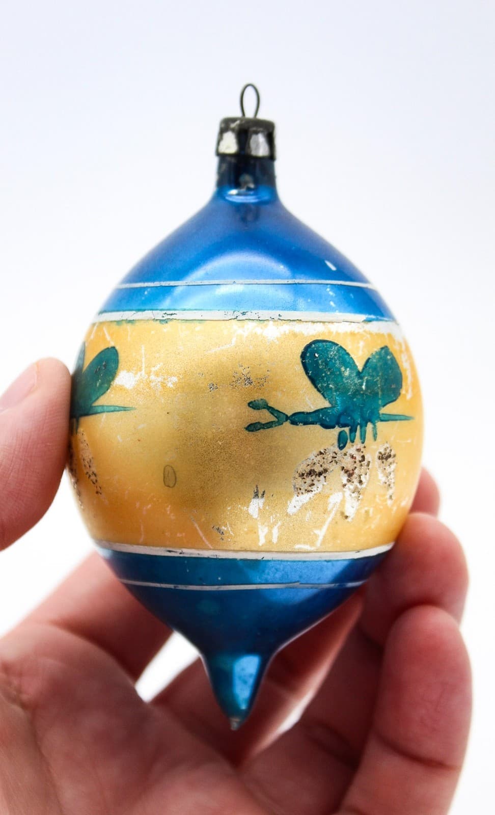 Poland Teardrop Blue Gold Hand Painted Butterfly Glass Christmas Ornament Vtg - Thumbnail 5