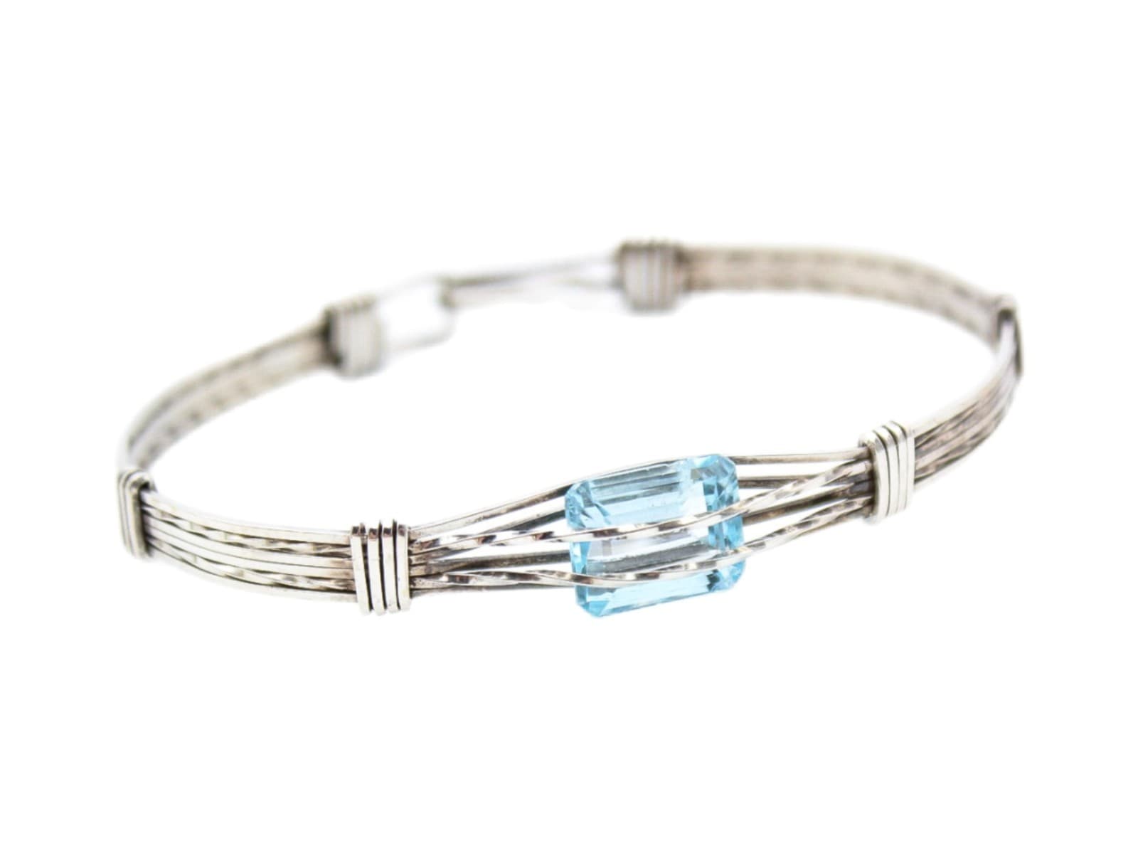 Sterling Silver Sky Blue Topaz Emerald Cut Hand Crafted Toggle Cuff Bracelet - Image 1