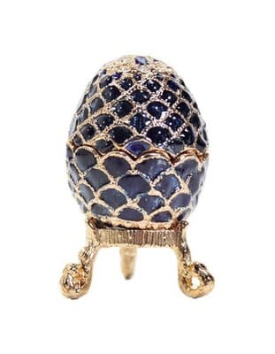 Vintage Gold Tone Blue Enamel Egg Jeweled Trinket Box w/ Footed Stand - Image 1