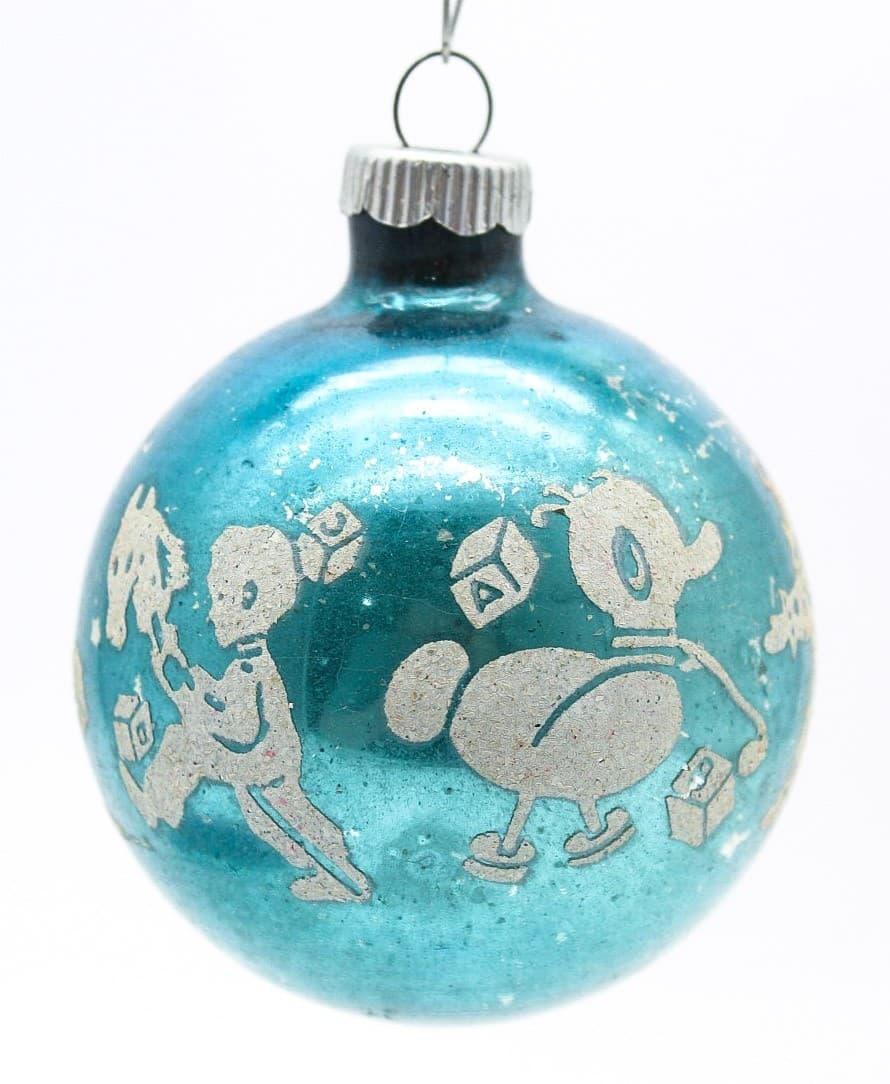 Shiny Brite Blue Vintage Nursery Theme Stencil Ball Glass Christmas Ornament - Thumbnail 8