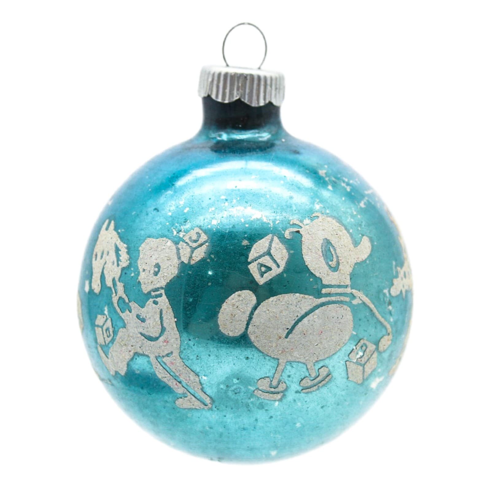 Shiny Brite Blue Vintage Nursery Theme Stencil Ball Glass Christmas Ornament - Image 1