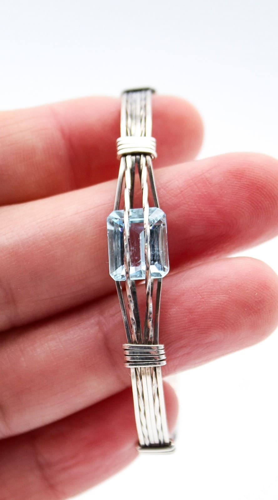 Sterling Silver Sky Blue Topaz Emerald Cut Hand Crafted Toggle Cuff Bracelet - Thumbnail 2