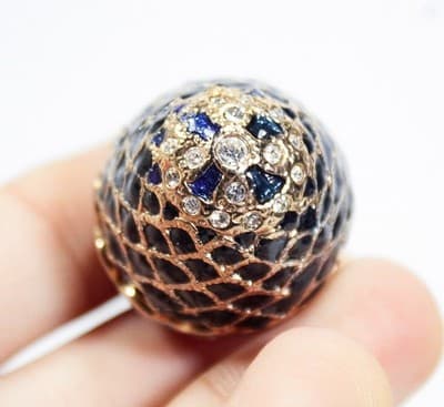 Vintage Gold Tone Blue Enamel Egg Jeweled Trinket Box w/ Footed Stand - Thumbnail 3