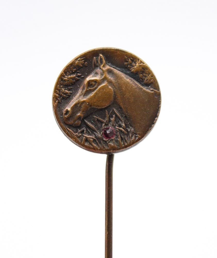 Vintage Repousse Horse Head Brass Ruby Crystal Stick Lapel Pin 2.25" - Thumbnail 3