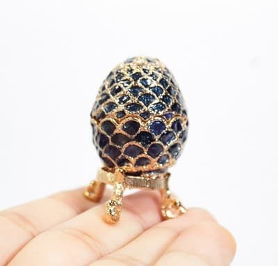 Vintage Gold Tone Blue Enamel Egg Jeweled Trinket Box w/ Footed Stand - Thumbnail 5