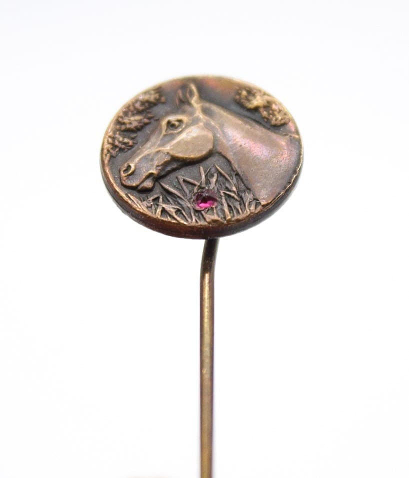 Vintage Repousse Horse Head Brass Ruby Crystal Stick Lapel Pin 2.25" - Thumbnail 2