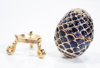 Vintage Gold Tone Blue Enamel Egg Jeweled Trinket Box w/ Footed Stand - Thumbnail 2