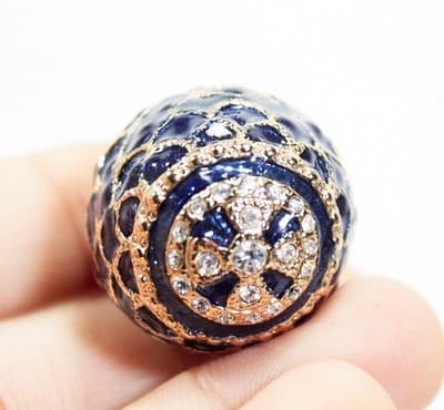 Vintage Gold Tone Blue Enamel Egg Jeweled Trinket Box w/ Footed Stand - Thumbnail 4