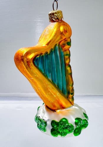 CHRISTOPHER RADKO St. Patrick's Day "Lucky Golder Shamrock Harp" Glass Ornament - Thumbnail 4