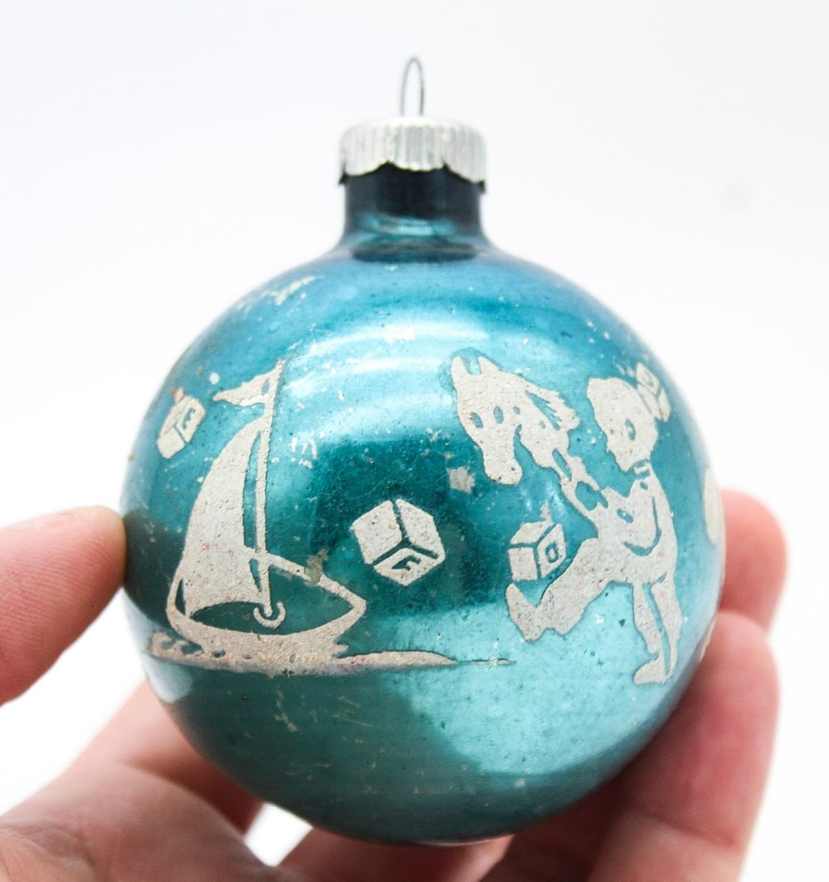 Shiny Brite Blue Vintage Nursery Theme Stencil Ball Glass Christmas Ornament - Thumbnail 5