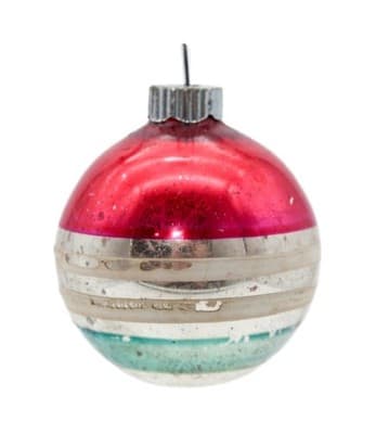 Shiny Brite Vintage Striped Red White Teal Silvered Glass Christmas Ornament - Image 1