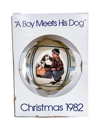 Vintage 1982 "A Boy Meets His Dog" Norman Rockwell Christmas Round Ornament - Image 1